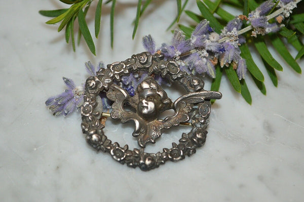 Antique William Kerr Sterling Silver Cherub Floral Brooch Pin Art Nouveau