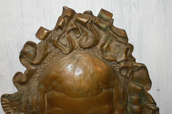 Antique French Large Bronze Cherub Face Head Wall Mount Pediment Figural Plaque