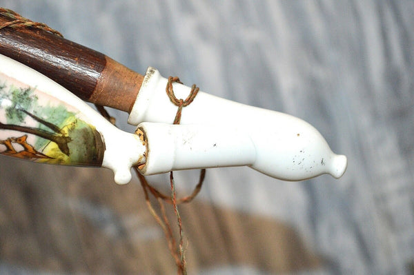 Antique German Hunt Scene Deer Pipe Porcelain Wood Horn Ebony 25"