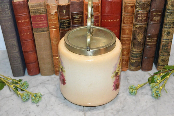 Antique English Biscuit Barrel Cookie Jar Blush With Yellow Pink and Red Roses