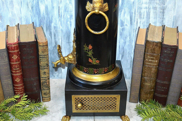 Vintage Faux Samovar Black Tole Chinoiserie Gilt Painted Dolphin Fish  Lion Paw