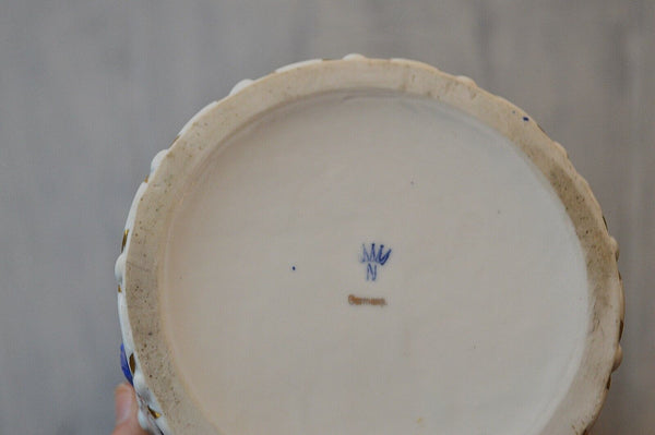 Antique German Porcelain Blue White Roses Jewelry Dresser Box Bronze