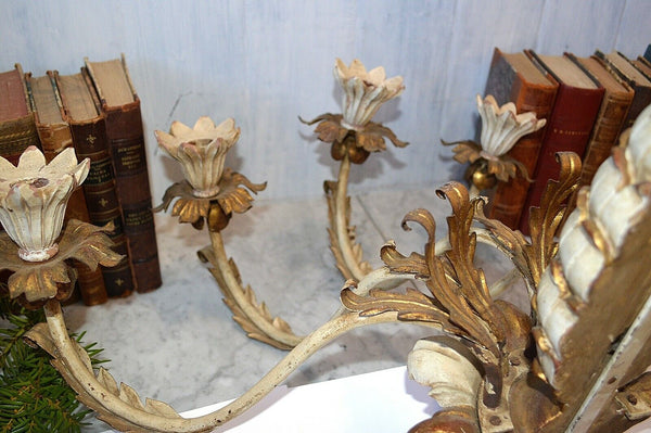 Antique Large Italian Tole Carved Wood Pineapple Candle Wall Sconce 5 Arm Gilded
