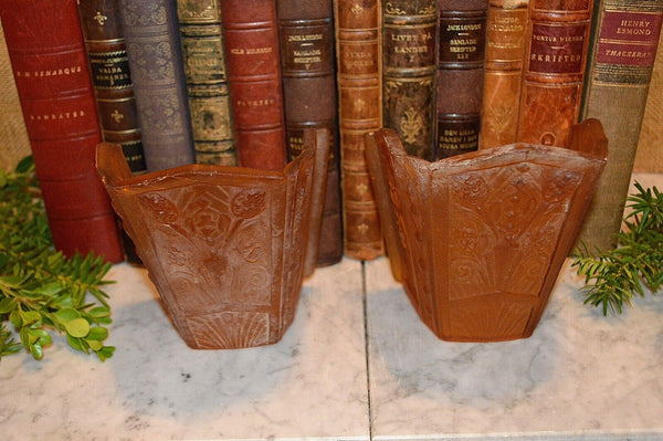 Antique Pair Amber Glass Slip Glass Shades Art Nouveau Sconce Light Fixture