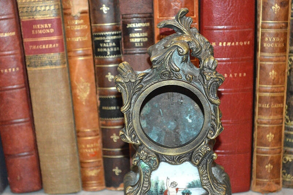 Antique German Small Clock Case Heavy Brass French Style Cherub Porcelain Insert