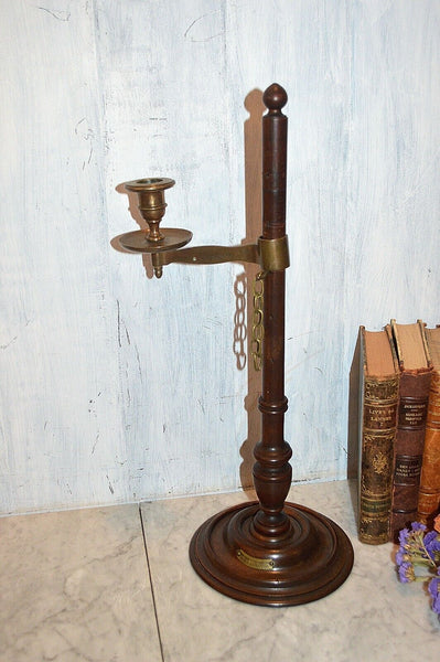 Antique HMS Britannia English Brass & Turned Wood Adjustable Candle Holder