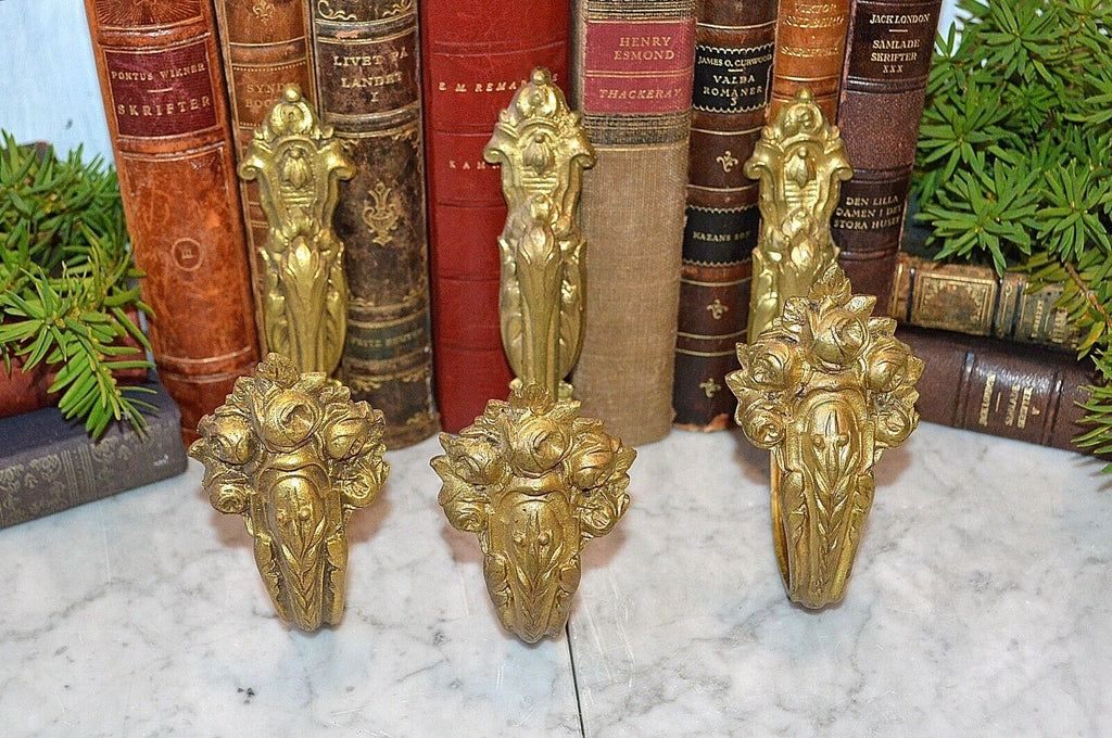 Antique Set of 3 French Gilt Bronze Ormolu Drapery Tie Back Hooks Floral Roses