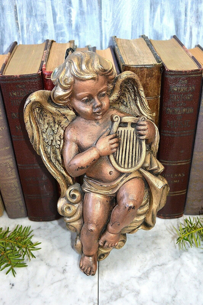Vintage German Winged Cherub Playing Harp Wax Sculpture Figure