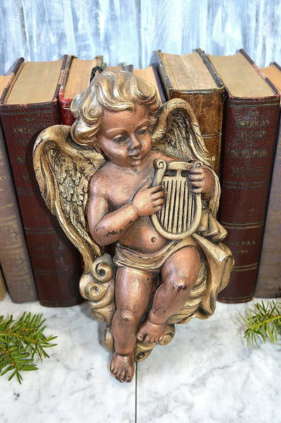 Vintage German Winged Cherub Playing Harp Wax Sculpture Figure