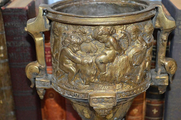 Antique French Bronze Heavy Pedestal Urn Handles Figural Cherubs Ram Relief