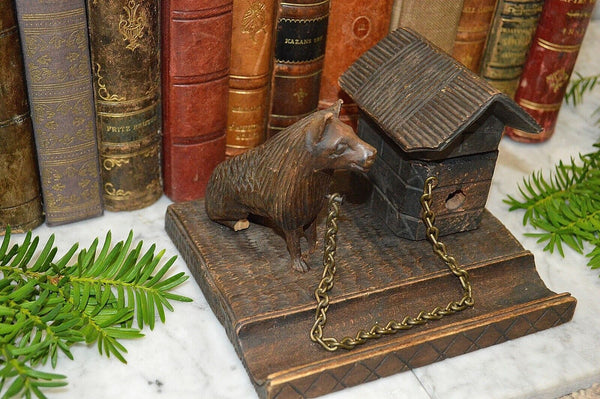 Antique German Black Forest Carved Wood Inkwell Dog and Dog House