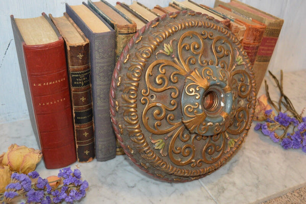 Antique Cast Plaster Polychrome Ceiling Medallion Rosette Light Fixture Gilded