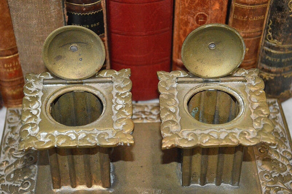 Antique English Brass Gothic Double Inkwell Figural Faces Pen Rest