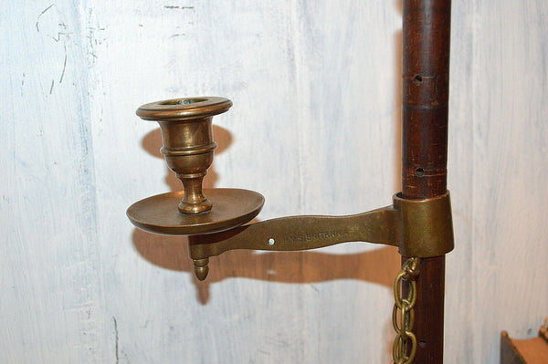 Antique HMS Britannia English Brass & Turned Wood Adjustable Candle Holder