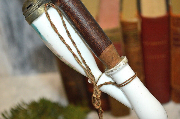 Antique German Hunt Scene Deer Pipe Porcelain Wood Horn Ebony 25"