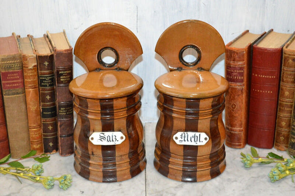 Antique Pair German Sycamore Mahogany Salt Flour Canisters Treen Wood Boxes