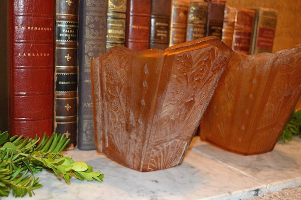 Antique Pair Amber Glass Slip Glass Shades Art Nouveau Sconce Light Fixture