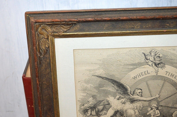 Antique Lithograph Gilded Frame Father Time New New Year Wheel of Time Cherubs