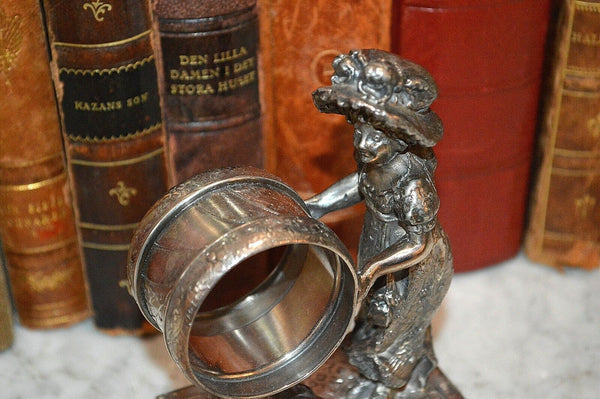 Antique Figural James Tufts Girl Dog Silverplate Napkin Ring Kate Greenaway 3306