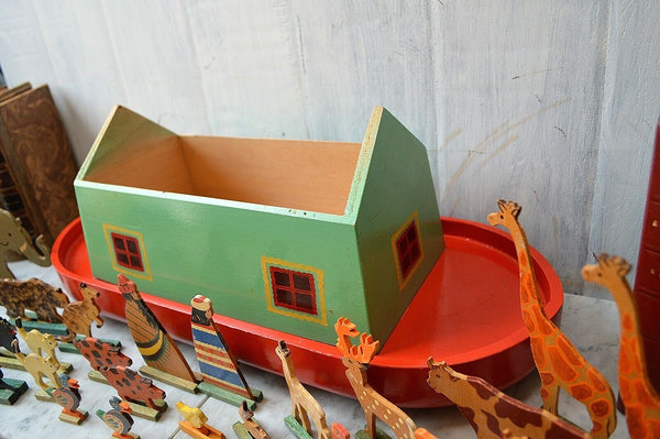 Antique German Noah's Ark Toy on Wheels Wooden 32 Animals Noah and Wife