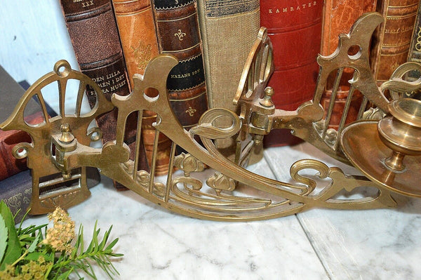 Antique Pair French Brass Art Nouveau Swinging Arm Piano Candle Holder Sconces