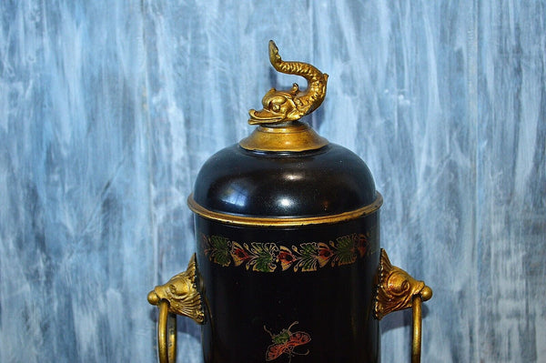 Vintage Faux Samovar Black Tole Chinoiserie Gilt Painted Dolphin Fish  Lion Paw