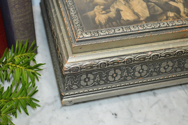 Antique Jewelry Dresser Box Interior Mirror Silver Wood Romantic Pastoral Scene