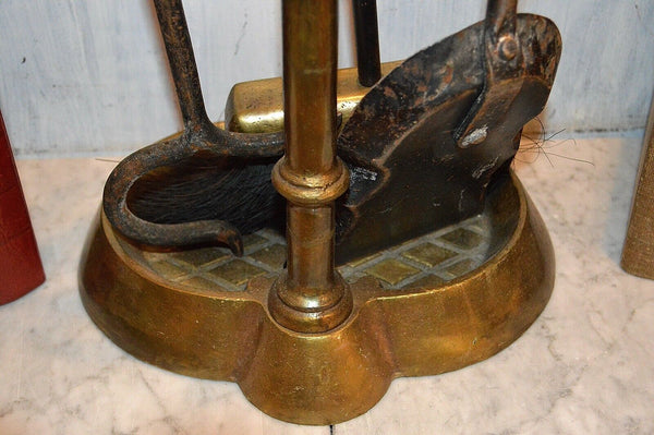 Antique French Heavy Brass Fireplace Tool Set La Maison 3 Tools and Stand