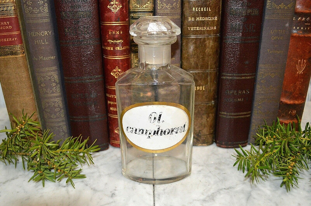 Antique French Apothecary Faceted Glass Bottle Stopper Painted Label Camphorat