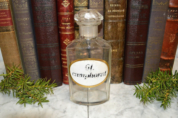 Antique French Apothecary Faceted Glass Bottle Stopper Painted Label Camphorat