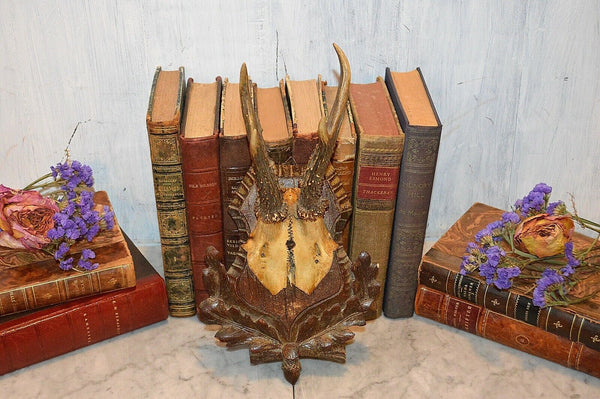 Antique German Black Forest Carved Wood Deer Antlers Trophy Shield
