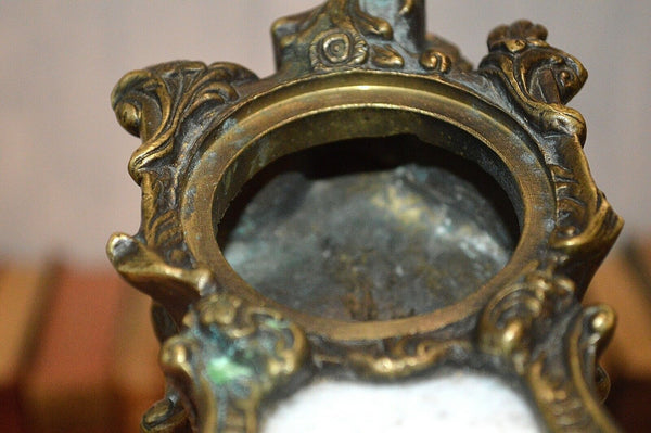 Antique German Small Clock Case Heavy Brass French Style Cherub Porcelain Insert