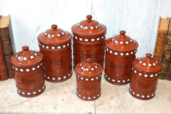 Vintage French Canister Set Red Enamel 6 Pieces Red White Black Enamelware