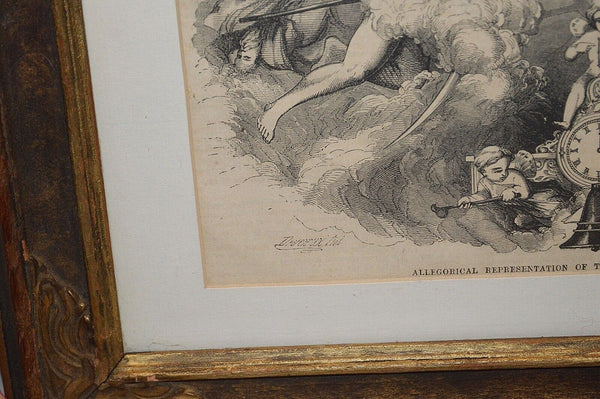 Antique Lithograph Gilded Frame Father Time New New Year Wheel of Time Cherubs