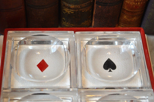 Vintage Baccarat Crystal Poker Card Theme Pluton Salt Caviar Nut Dips Box Set 4