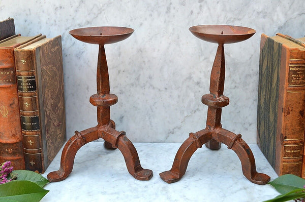Antique Pair Cast Iron Rusty Red Fireplace Prong Candle Holders Candlesticks