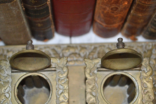Antique English Brass Gothic Double Inkwell Figural Faces Pen Rest