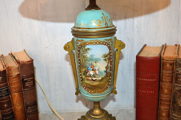Antique French Turquoise Blue Porcelain Sevres Style Lamp Hunt Scene Couple