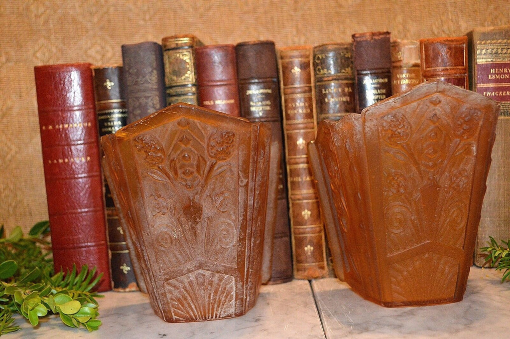 Antique Pair Amber Glass Slip Glass Shades Art Nouveau Sconce Light Fixture