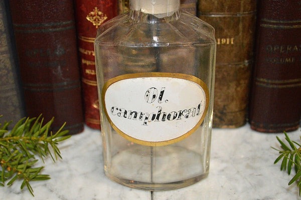 Antique French Apothecary Faceted Glass Bottle Stopper Painted Label Camphorat