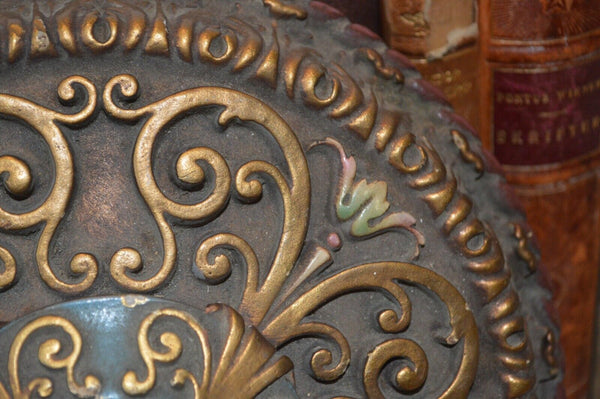 Antique Cast Plaster Polychrome Ceiling Medallion Rosette Light Fixture Gilded