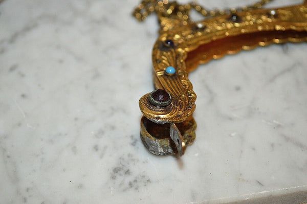 Antique French Gilt Brass Purse Frame Chain Jewel Cabochons Figural Cherub As Is