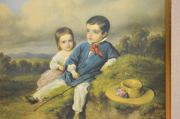 Antique Gilt Framed Lithograph Art Victorian Children Boy Girl Landscape Fishing