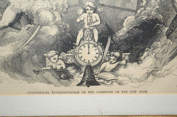 Antique Lithograph Gilded Frame Father Time New New Year Wheel of Time Cherubs