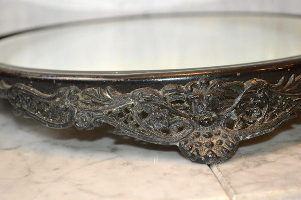 Antique Plateau Mirror Tray Black Art Nouveau Figural Lion Heads Bar Vanity