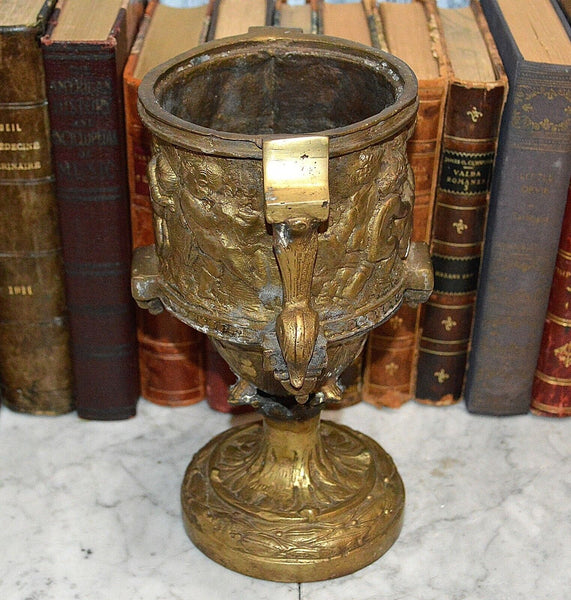 Antique French Bronze Heavy Pedestal Urn Handles Figural Cherubs Ram Relief