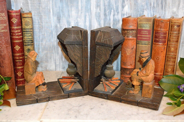 Antique Pair Black Forest Bookends Carved Wood Fireplace Figural Male Female Dog