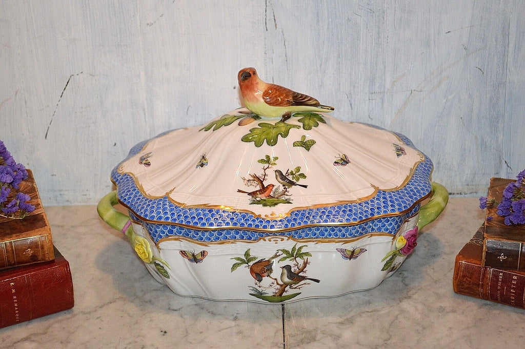 Herend Rothschild Bird Blue Border Tureen With Bird Fishscale 1055