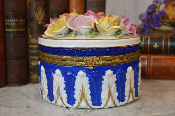 Antique German Porcelain Blue White Roses Jewelry Dresser Box Bronze