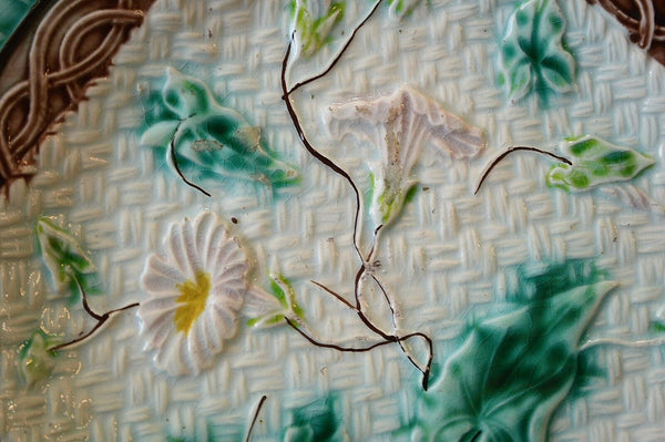 Antique Majolica Plate Morning Glory Napkin Green Brown 1880's